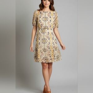 Kate & Lily Flowy Romantic Floral Mini Dress w/ Golden Shimmer Thread Size 6